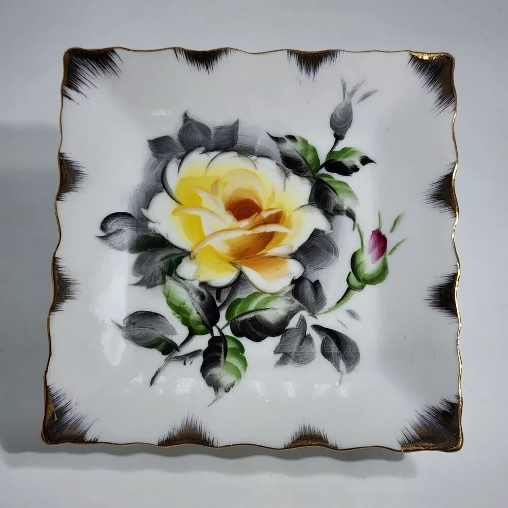 Lefton China Hand Painted Square Dish With Yellow Rose Design Gold Trim Vintage